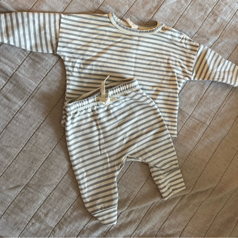 Quincy Mae Cream and Gray Striped Baby Outfit